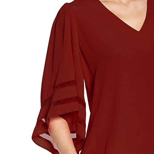 Shy Velvet Women's V Neck 3/4 Bell Sleeve Chiffon Blouse Mesh Panel Loose Top Shirts Wine - Thumbnail 4