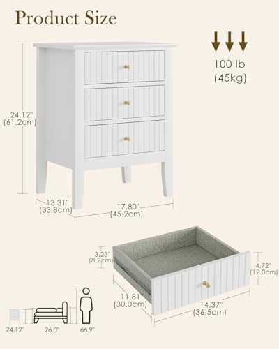 HEYZOEY Bedside Table with 3 Drawers, Vintage Bedside Cabinet, Wooden Side Table with Storage, Retro End Table for Bedroom, Living Room and Home Office(white, 17.8 x 13.3 x 24 in)