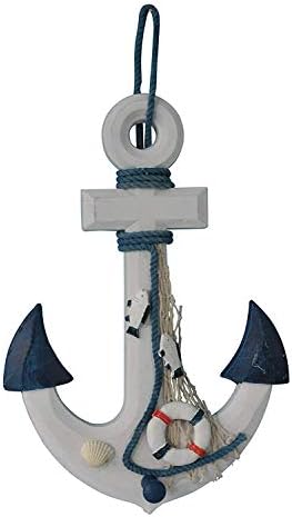 Waroom Home Wooden Anchor Decor with Rope and Crossbar, Blue Wood Nautical Decor Anchor Wall Hanging Ornament Plaque, 13’’H 8.75’’W (Buoy)