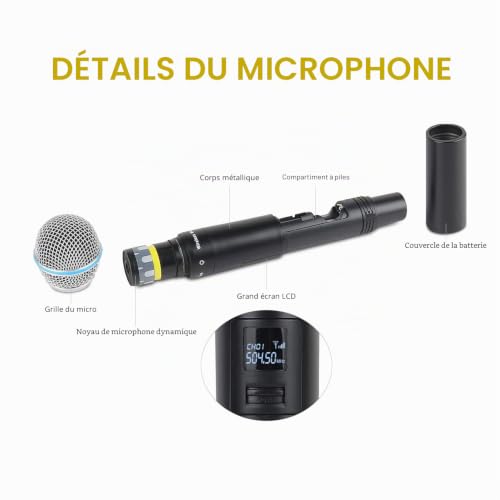 XTUGA Professional Wireless Microphone, Karaoke Microphone UHF 4 Channel Wireless Microphone System, All-Metal Construction, Fixed Frequency A140