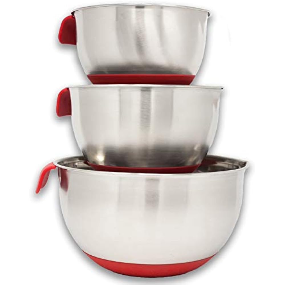 3 Mixing Bowls Piece Stainless Steel Set With Pouring Spouts & NonSlip