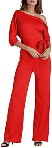 Women One Off Shoulder Jumpsuit Solid Long Pants Romper Clubwear with Belt