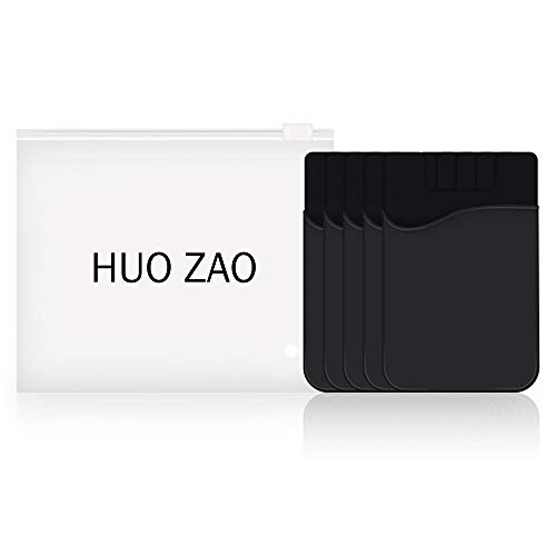 Cell Phone Wallet, HUO ZAO Silicone Credit Card Id Holder with Adhesive Stick-on fits Apple iPhone iPad Samsung Galaxy Android Smartphones, Table, Refrigerator, Door - 10 Pack (Black Colors - 5P)