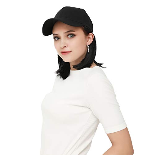 SEIKEA Attached Bob Hair with Cap Short Wig Hat Extension Synthetic Invisible Size Adjustable – Black