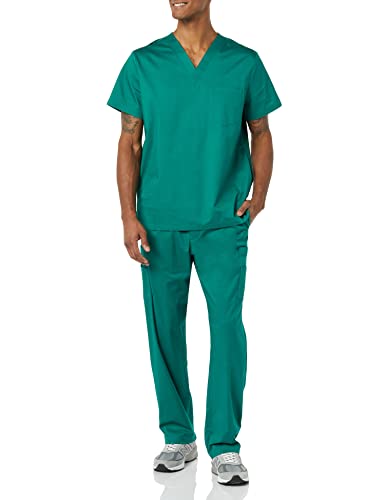AMAZON ESSENTIALS MEN’S V-NECK SCRUB TOP WITH POCKETS, TEAL BLUE, SMALL