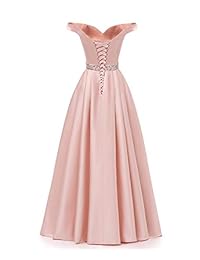 YORFORMALES Vestido largo de noche para mujer con cuentas de satén y hombros descubiertos, con bolsillos