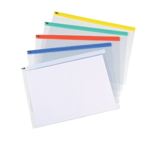 5 Star Office Zip Filing Bags PVC Clear Front with Coloured Seal A3 Assorted (Pack 5)