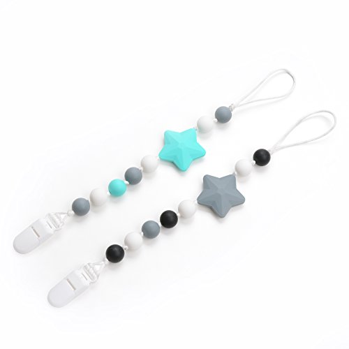 Lofca Silicone Pacifier Clip Toy BPA Free Silicone Use with Any Pacifier or Teether Baby Teething Short Chain Pacifier 2 Pack (Turquoise/Grey)