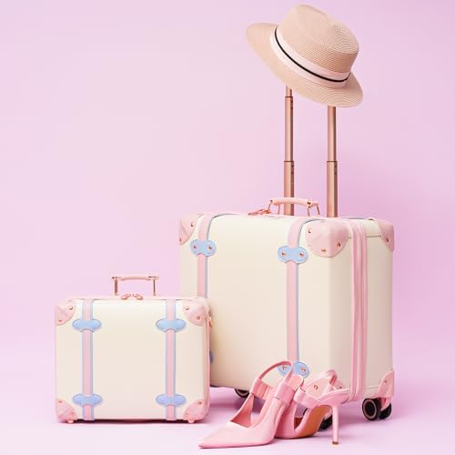 urecity Vintage PU Leather Cabin Size Luggage Set Stylish Retro Underseat Carry On Suitcases with TSA Lock & Spinner Wheels, Lightweight Design for Elegant Travel (18''+14'' White)