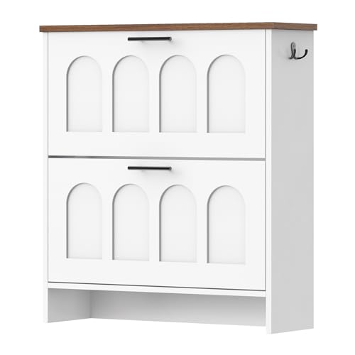 HOOBRO Flip Shoe Cabinet, Narrow Storage with Arch-Patterned Doors, Adjustable Shelves, Entryway Organizer for Hallway, Small Spaces, White and Walnut WH42SC01