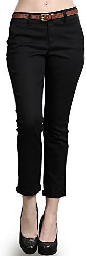 New Women's Stretch Cotton Button Trim Zipper with Belt Cropped Capri Pants M, Black