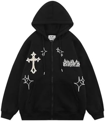 YUNZSXJY Womens Men Zip Up Grunge Hoodie Cross Print Jacket