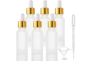 FURNIDO 6 Pack Dropper Bottle for Essential Oils, Empty Liquid Holder With Glass Eye Dropper, Golden Caps Travel Perfume Cosmetic Container - Pipette & Funnel Included (15ml/0.5 fl oz)