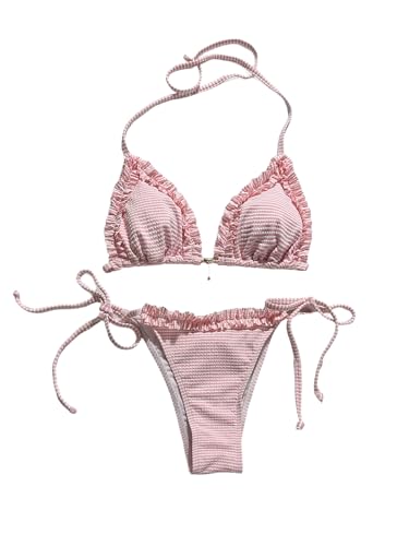 Verdusa Women's 2 Piece Striped Halter String Cute Bikini Sets Swim Suits Cheeky Triangle Bathing Suit Pink Medium at Amazon