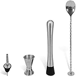 Bar Tool Essentials - Bar Set with 4 Crafted Stainless Steel Bar Tools by Trendy Bartender - Muddler, Cocktail Spoon, Jigger & Liquor Pourer - Prepare Your Cocktails With The Best Barware