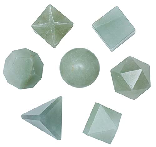 Crocon® Green Jade 7Pcs platonic solids crystal geometry set, Platonic Solids Sacred Geometric stones for Meditation Reiki Balancing Healing Chakra Stone Cleansing Spiritual Good Luck (15-20 mm)