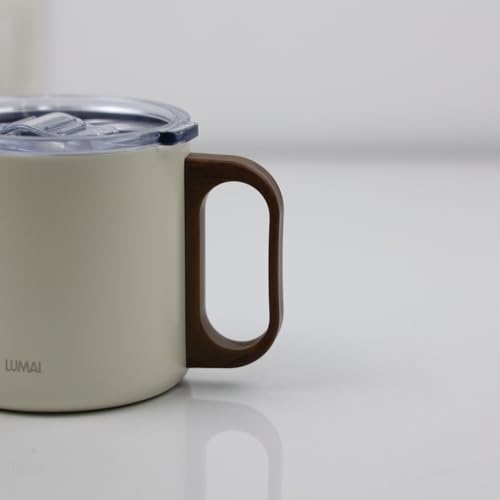 LUMAI Caneca Térmica 350ml Inox com Tampa Antivazamento Premium - Branca | Caneca de Café Caraíva, Aço Inox 304, Parede Dupla com Isolamento Térmico, Alça Estilo Madeira, Bebidas Quentes ou Frias