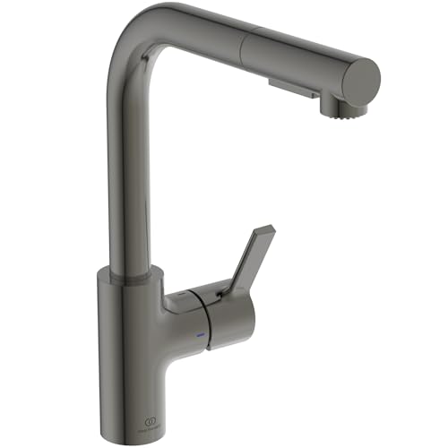 Ideal Standard – Gusto Kitchen tap, High spout with Round L-Design, with Pull-Out Spray and Dual Spray Modes, 360° Swivel spout, Easy to Install with EasyFix+ Fixation, PVD Finish, Magnetic Grey