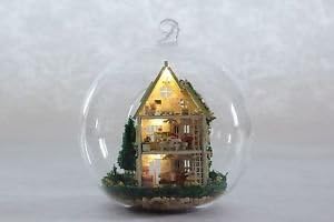 Mini glass ball DIY Wooden Dollhouse miniature with LED Green Forest