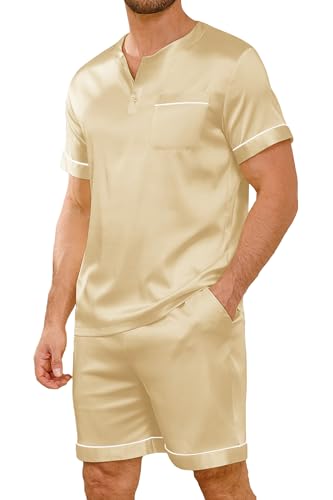 Vssjavun Mens Satin Silk Pajamas Sets Two Piece Short Sleeve Button Up Sleepwear Henley Neck Loungewear with Pocket Champagne at Amazon