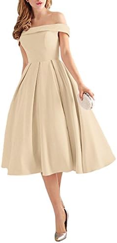 Lafee Bridal Women's Off Shoulder Prom Dresses Tea Length Cocktail Evening Gowns Champagne Size 2