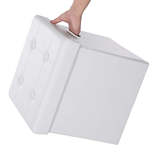 SONGMICS Faux Leather Folding Storage Ottoman Cube Foot Rest Stool Seat W' Hole Handle 15" x 15" x 15" White ULSF30W - Thumbnail 4