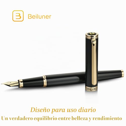 BEILUNER Luxury Fountain Pen, Piano Lacquer with 24K Gold Finish, Reliable Gift with Converter for Him and Her, Elegant Pen - Black and Gold, Fine Nib