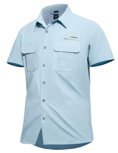 Haimont Men's UPF 50+ Short Sleeve Hiking Button Down Shirt Light Blue L at Amazon