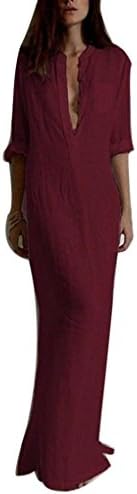 HARRYSTORE Women's Sexy Casual Long Sleeve V-Neckline Solid Long Maxi Dress Cotton Linen Simple Solid Dresses