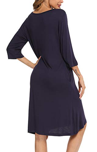 YYA Womens Sleepwear, Lace V Neck Soft Pleated Sleepwear for Women 3/4 Sleeve Navy S