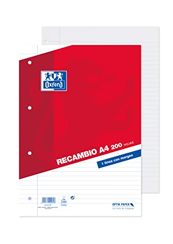 Oxford, Hojas Rayadas A4, Perforadas, 200 Hojas, Recambio Archivador
