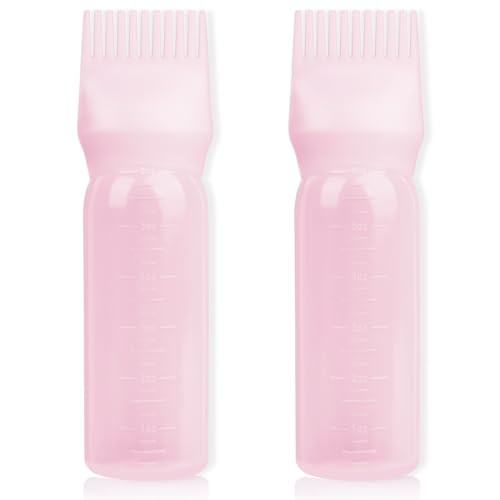 BLAAROOM 2Pack Root Comb Applicator Bottle - 6 Oz Hair Oil Applicator, Dye Bottle Tools with Oil Dispenser & Root Comb Brush - Pink