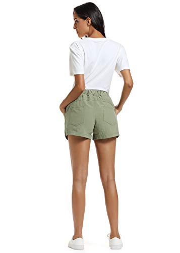 NEWFANGLE Women’s Cotton Linen Causal Shorts Comfy Beach Short Drawstring Elastic Waist Shorts,Green,S