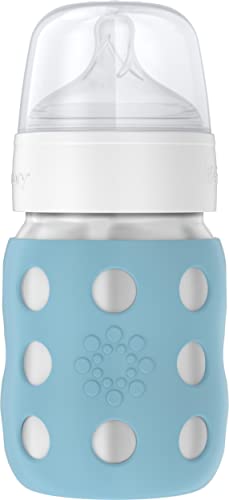 Lifefactory 8oz Stainless Steel Baby Bottle, Stage 2 Nipple, Denim