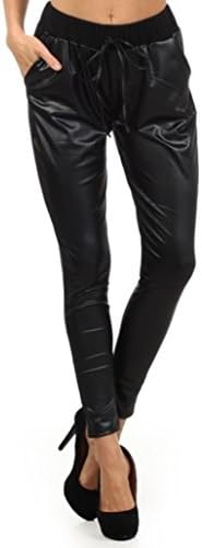 Rock N Roses Women's Harem Lace Up Trousers Elastic Waist Jogger Faux Leather Jogger Pants Small/Medium