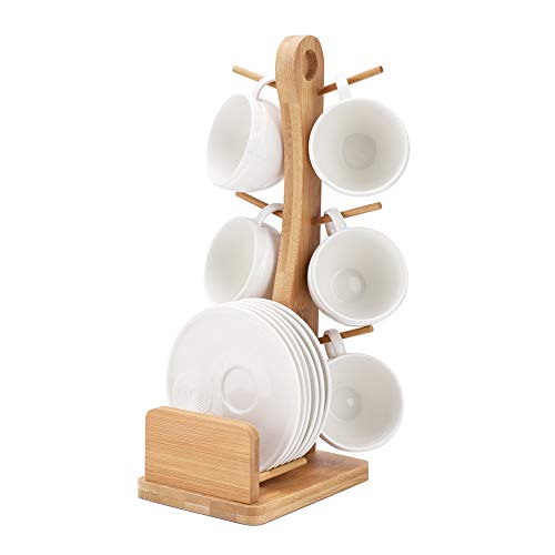 Porcelain Tea Cup Set,Coffee Cups and Saucer with Bamboo Rack(6 Piece Set)