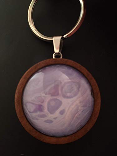 Wooden Key Chain Stunning One of a Kind Round Pendant Abstract Acrylic Pouring/Fluid Art Key Fob Silver Cabochon (25mm) Lavender, Purples and White #28 - Thumbnail 6