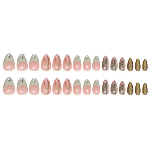 24 Pcs Fall Winter Press on Nails Short Almond - YEFIUO Pink Fake Nails Press ons Green French Nail Art Tip Full Cover Acrylic Glossy False Nails Glue on Nails Kit with Starburst Line Design for Women - Image 5