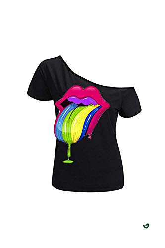 MAGICMK Women's Short Lips Print Causal Off The Shoulder Plus Size T-Shirt Tops (Black+XXON, L)