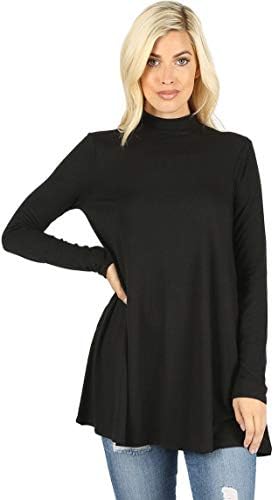 12 AmiLong Sleeve Solid Mock Neck Pocket Swing Tunic T-Shirt Top (S-3X)