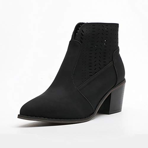TnaIolral Ladies Boots Heels Solid Hollow Out Vintage Leather Ankle Short Shoes (US:10.5, Black)