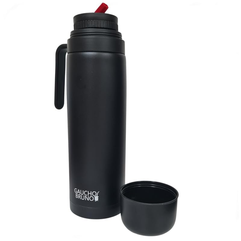 Gaucho Bruno Yerba Mate Flask - Thermal Drink Container with Precision Pour Spout, Handle & Screw Lid - Insulated for Hot & Cold Beverage - Black Powder Coated Stainless Steel - 1 Litre Capacity