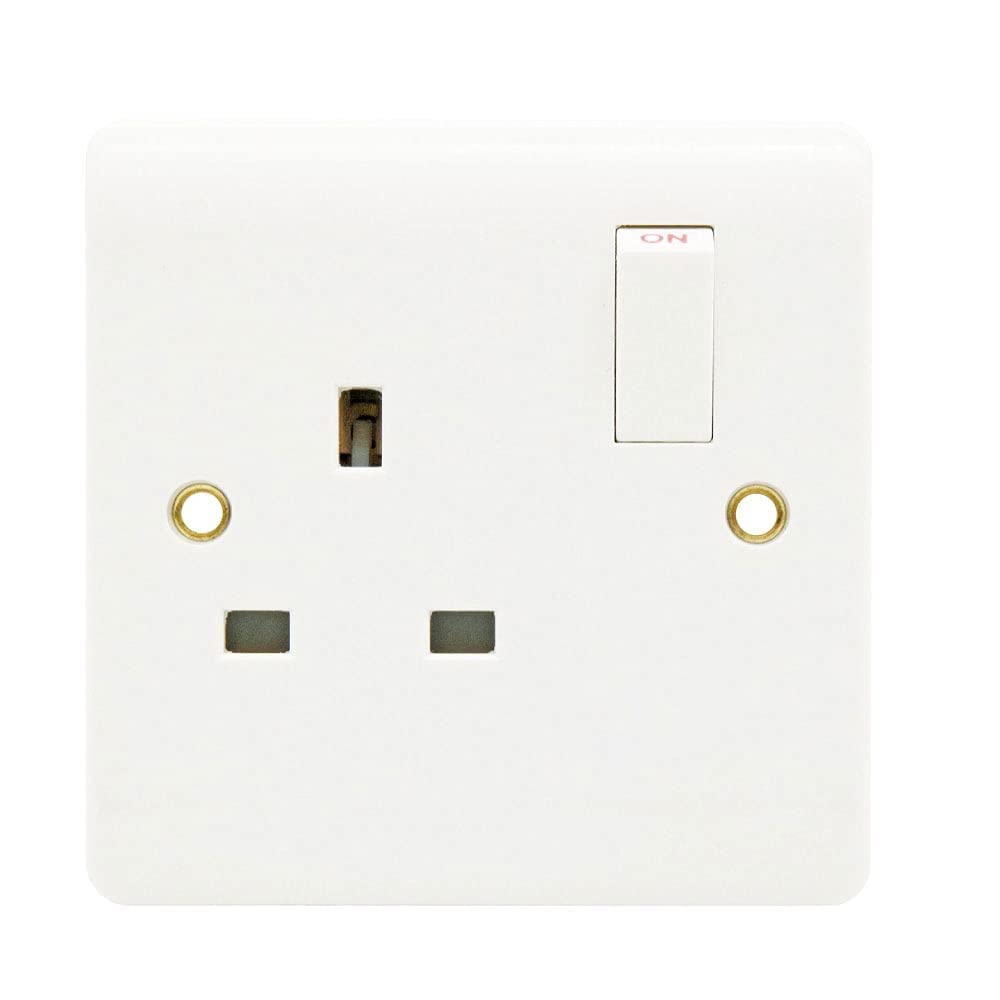 13A 1 Gang Double Pole Switch Socket - White Square Round Edge Electric Switched Socket - Double Pole Electrical Outlet with Concealing Screw Fixings Caps