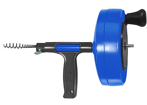 DrainX Power Pro 35-FT Steel Drum Auger Plumbing Snake with Drill Adapter | Heavy Duty Drain Snake Cable with Work Gloves and Storage Bag, Blue