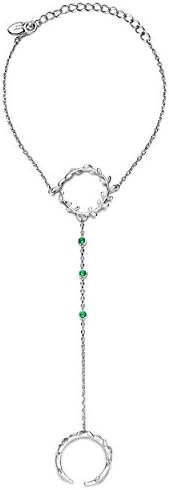 Jewboo S925 Sterling Silver Women Jewelry Branches Wreath Charm Bangle Slave Chain Finger Ring Green CZ