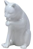 US 5.5 Inch All White Porcelain Cat Sitting and Licking Left Paw