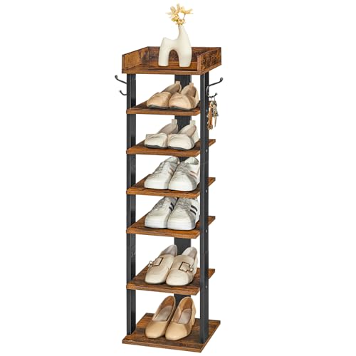 HOOBRO Vertical Shoe Racks for Entryway, 7 Tier Narrow Shoe Shelf with Hooks, Tall Shoe Organizer for Hallway, Bedroom, Stackable Shoe Stand for Samll Space, Adjustable Height, Rustic Brown EBF61XJ01
