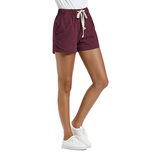NEWFANGLE Women’s Cotton Linen Causal Shorts Comfy Beach Short Drawstring Elastic Waist Shorts,WineRed,XL