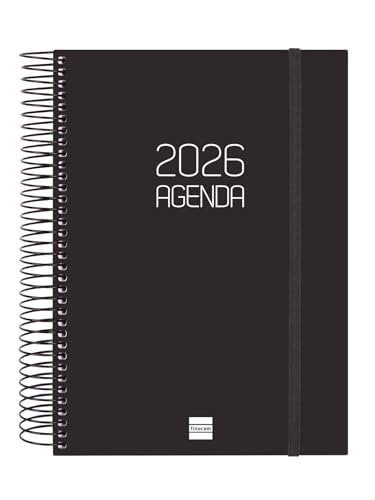 Finocam - Spiral Agenda 2026 1 Day Page | January - December (12 months) | 2026 Yearly Agenda with Rubber | Polypropylene Spiral Opaque Cover - Black - Catalan