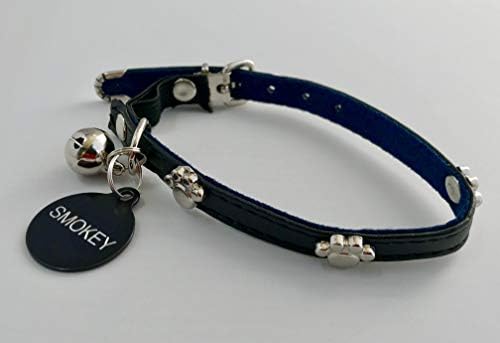 RS PETS Real Leather Paw Charm Cat Collar & Bell (With Double Sided ID Tag) Matching Colour (BLACK)